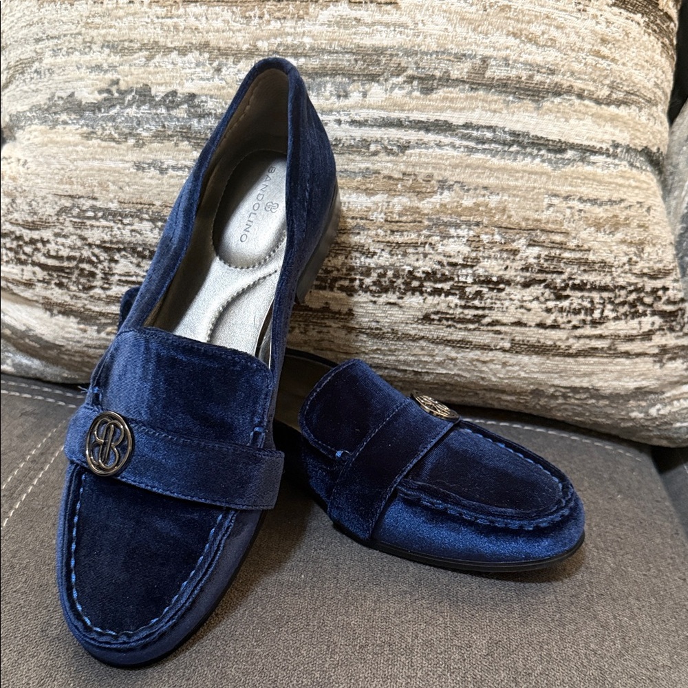 Bandolino Navy Velvet Slip-On Loafers with Metal Logo